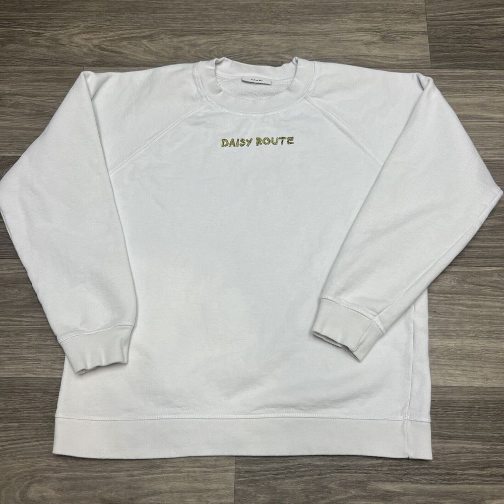 GANNI Daisy Flower Crewneck Sweatshirt Women XL White Ditsy Floral Boxy Crop